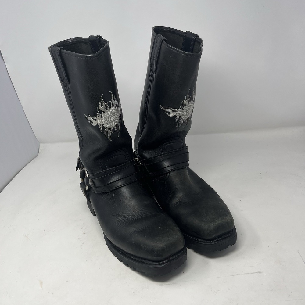Harley-Davidson Square Toe Flame Logo Black Leather Harness Boots 91055 Men's 9